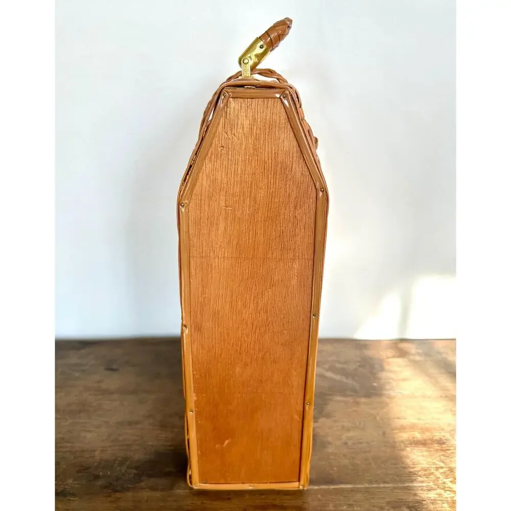 Vintage Wicker Wine Bottle Carrier Picnic Basket, Mid Century Barware Decor